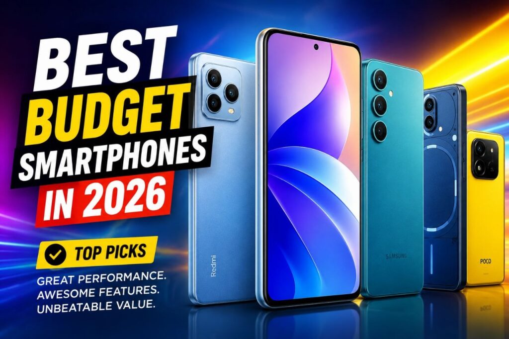 Collection of the best budget smartphones in 2026 displayed together, highlighting affordable Android phones with modern designs and vibrant screens.